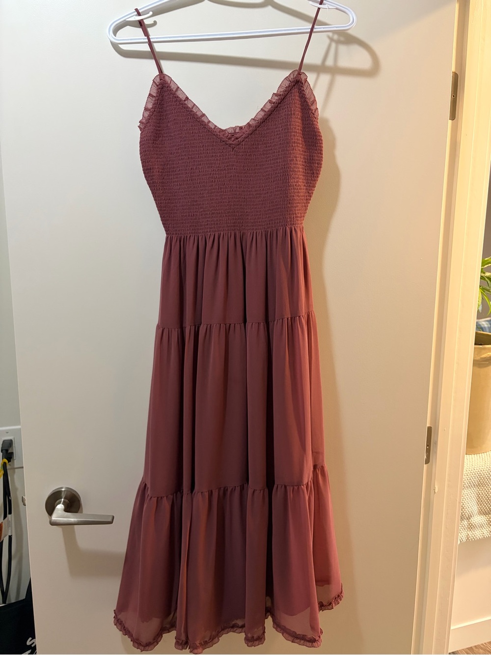 Aritzia Dusty Rose Smocked Midi Dress with Ruffle Trim